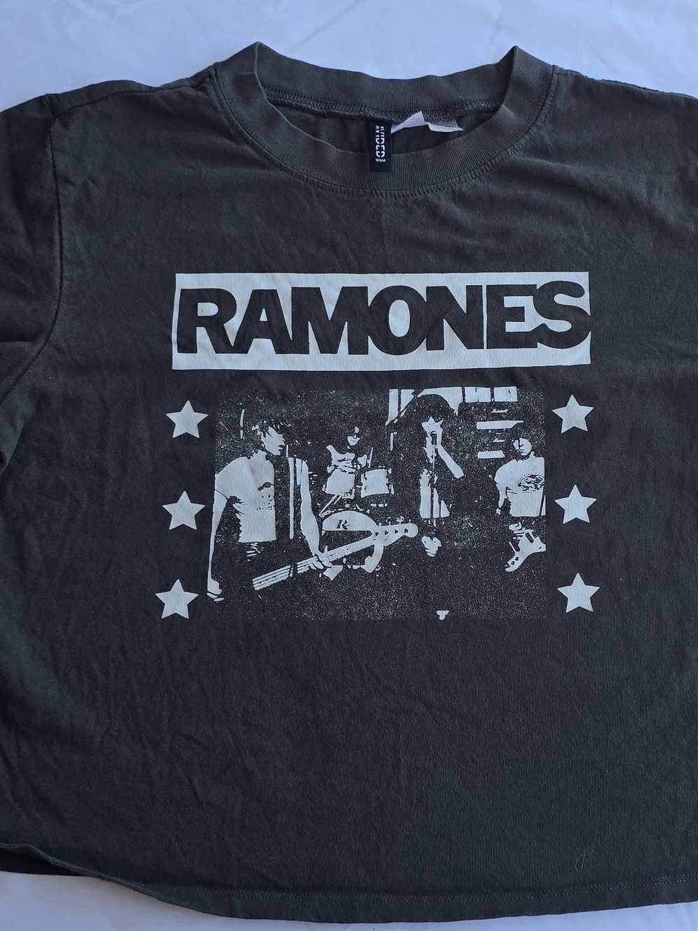 H&M Divided Ramones Cropped Band T-Shirt - Faded Dark Grey - Size Medium